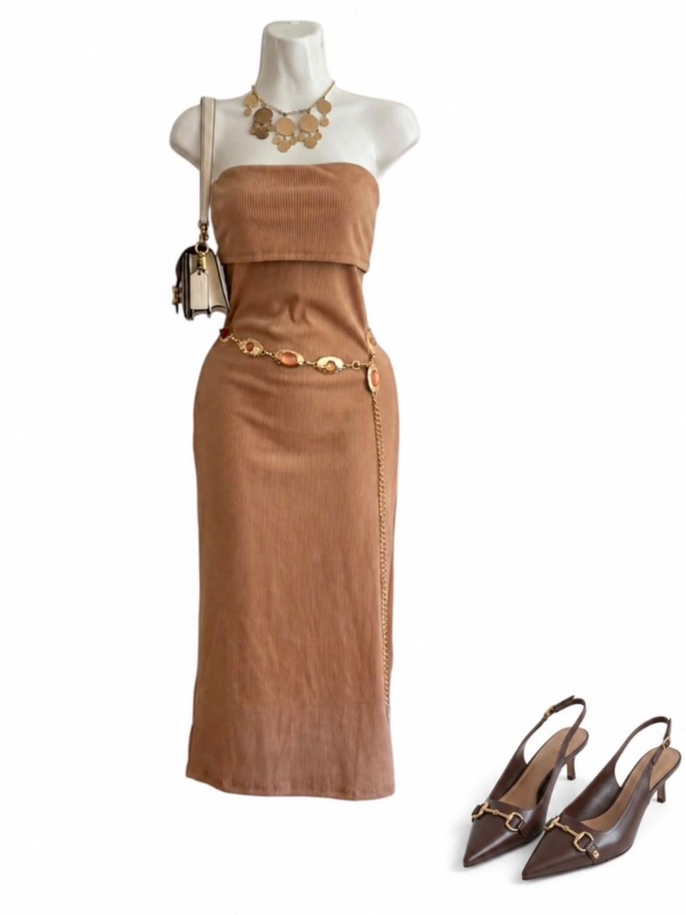 Haute Monde Brown Ribbed Strapless Maxi Dress S